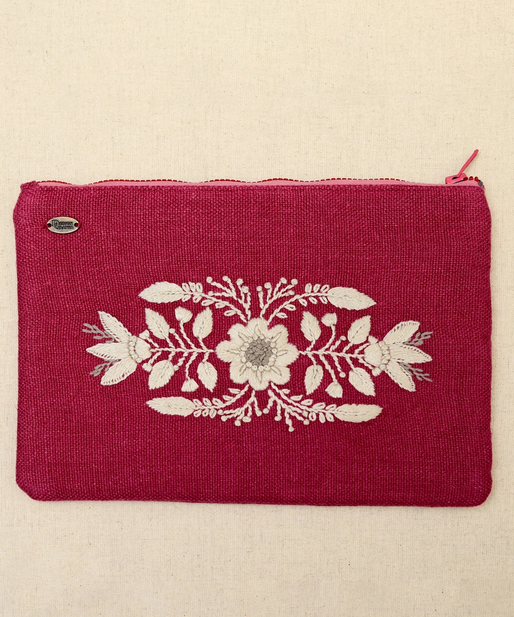 Dull Fuchsia hand embroidered  Pure Linen Utility Pouch with Lining & Zip