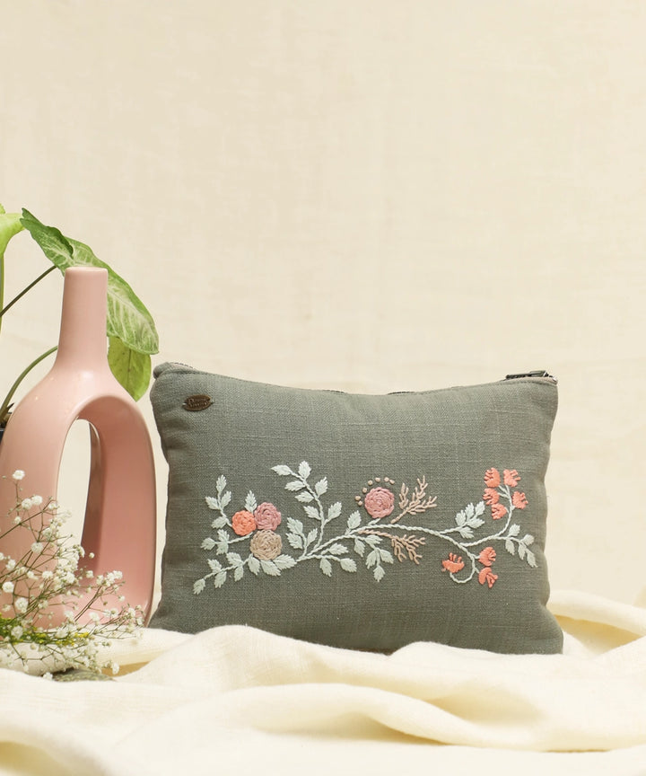 Grey with peach floral hand embroidered Pure Cotton Slub Utility Pouch with Lining & Zip