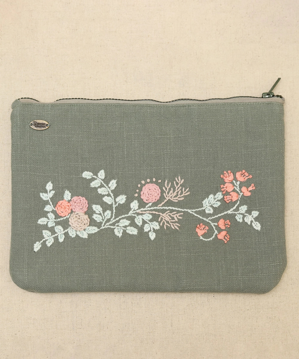 Grey with peach floral hand embroidered Pure Cotton Slub Utility Pouch with Lining & Zip