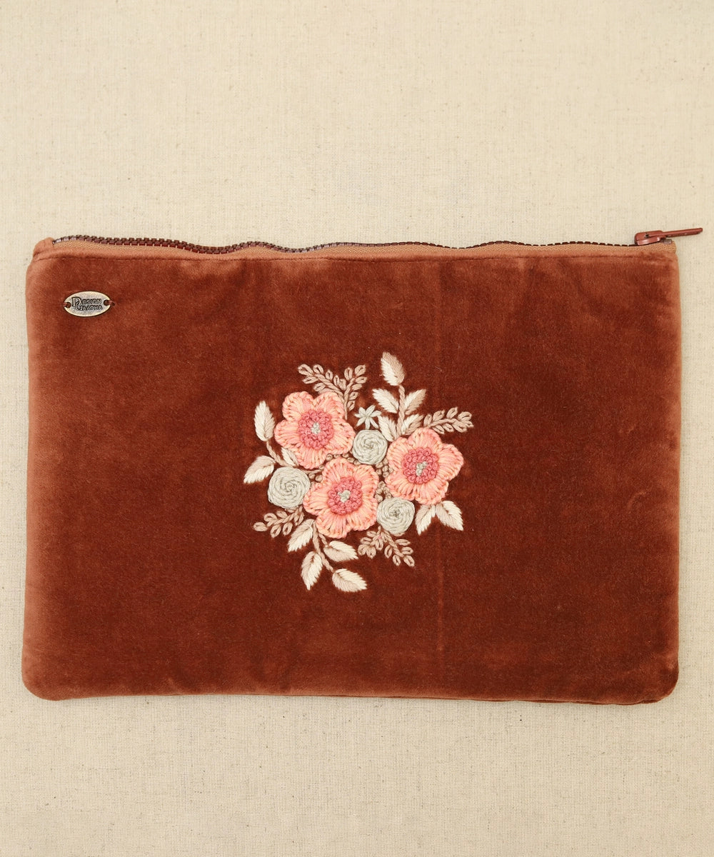 Rustic Brown hand embroidered  Velvet Utility Pouch with Lining & Zip