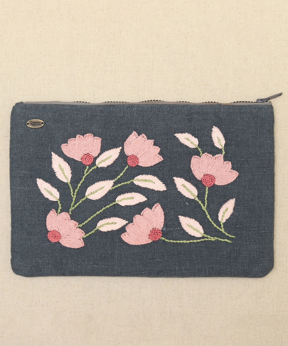 Dark Grey hand embroidered Pure Linen Utility Pouch with Lining & Zip