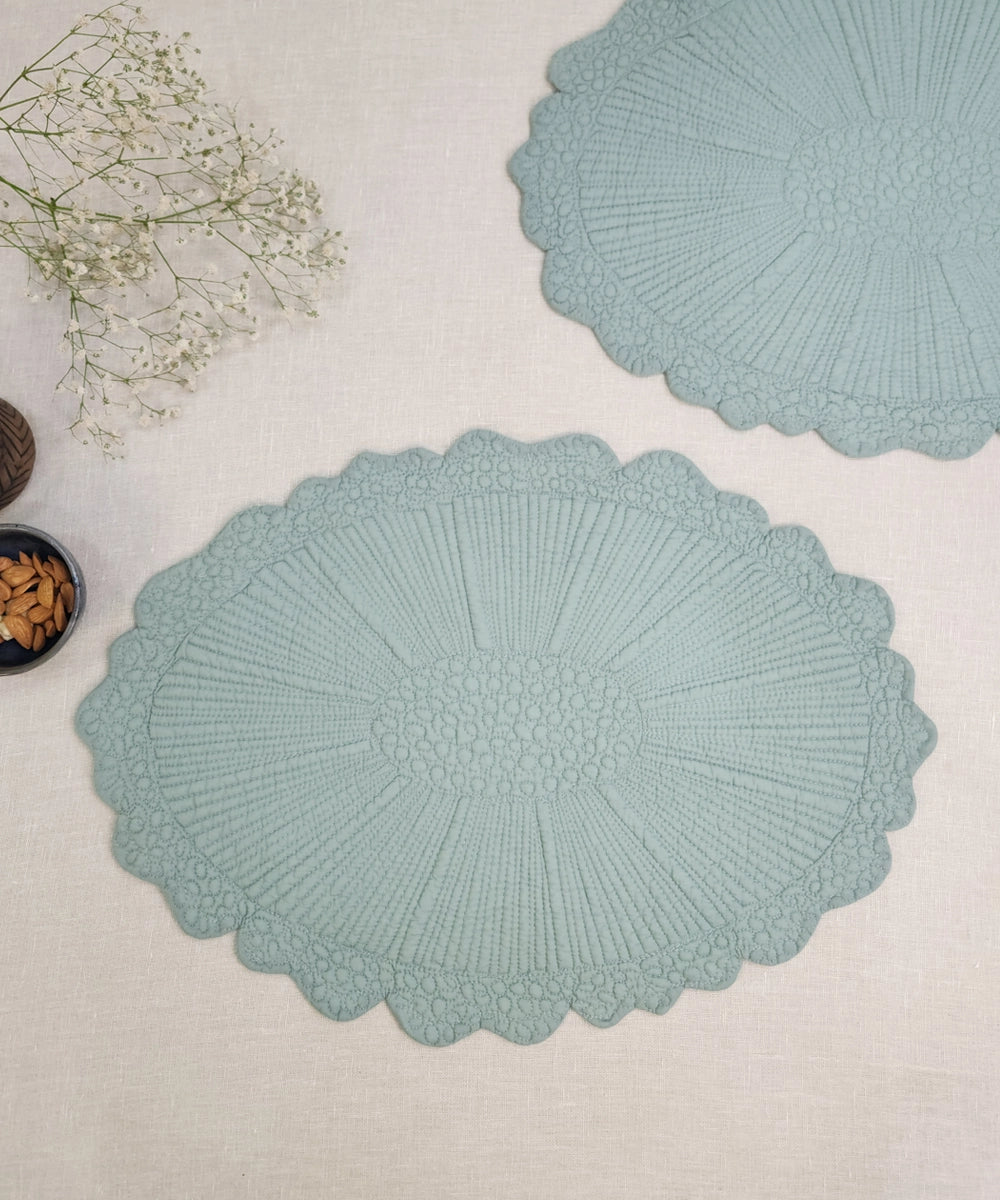 Set of 2 quilted cotton sage blue oval table mats (14.5"x20.5")