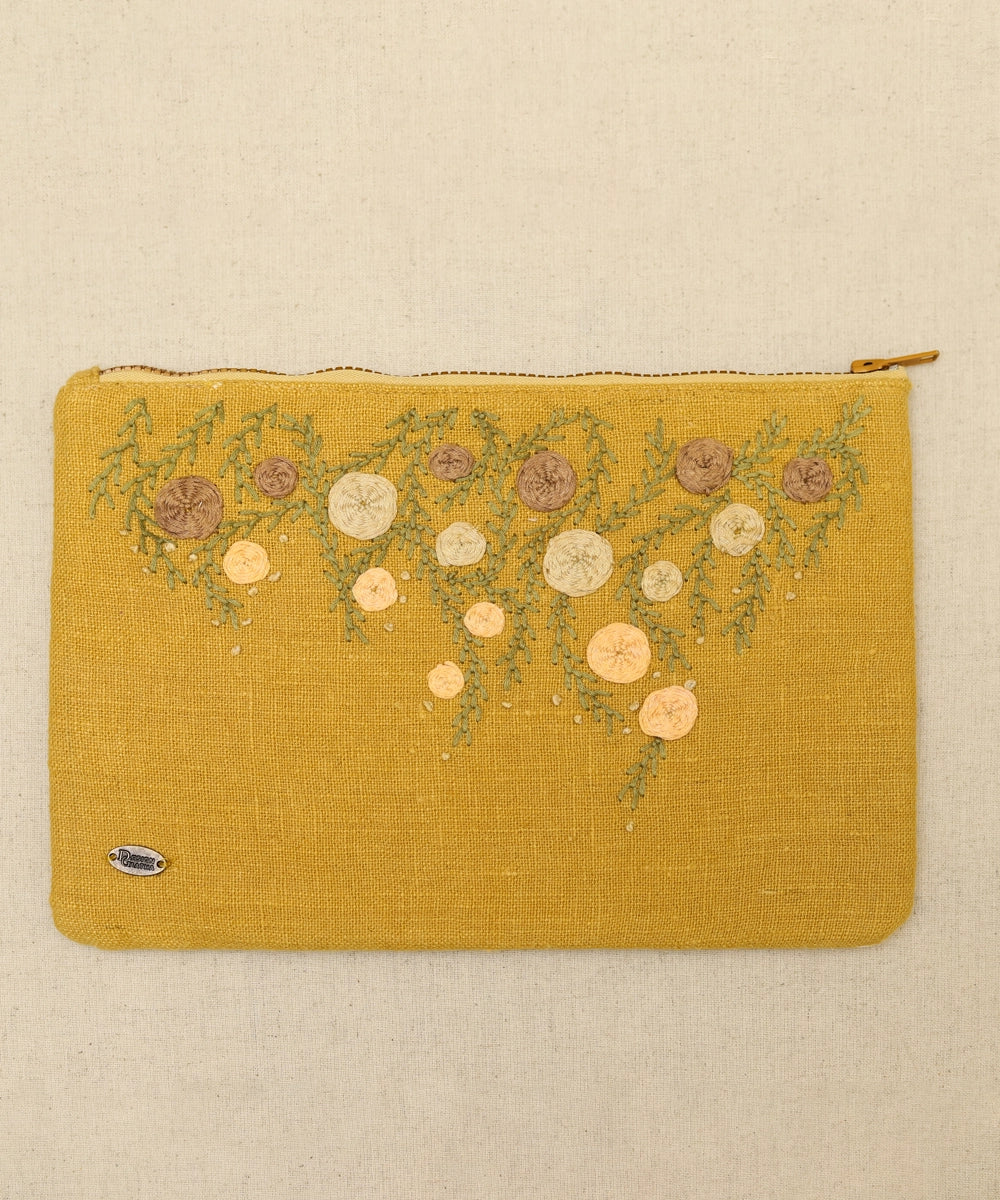 Mustard hand embroidered  Pure Linen Utility Pouch with Lining & Zip