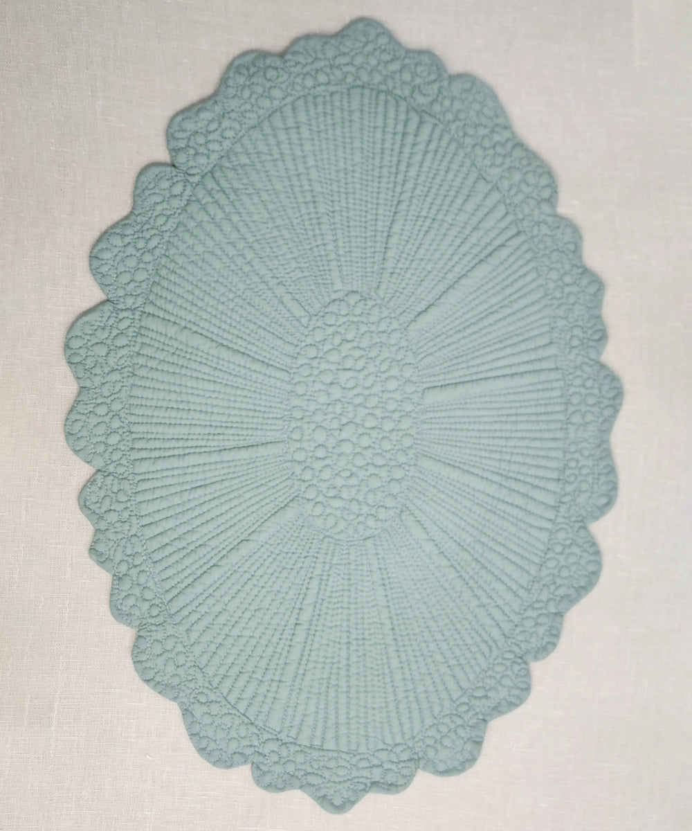 Set of 2 quilted cotton sage blue oval table mats (14.5"x20.5")