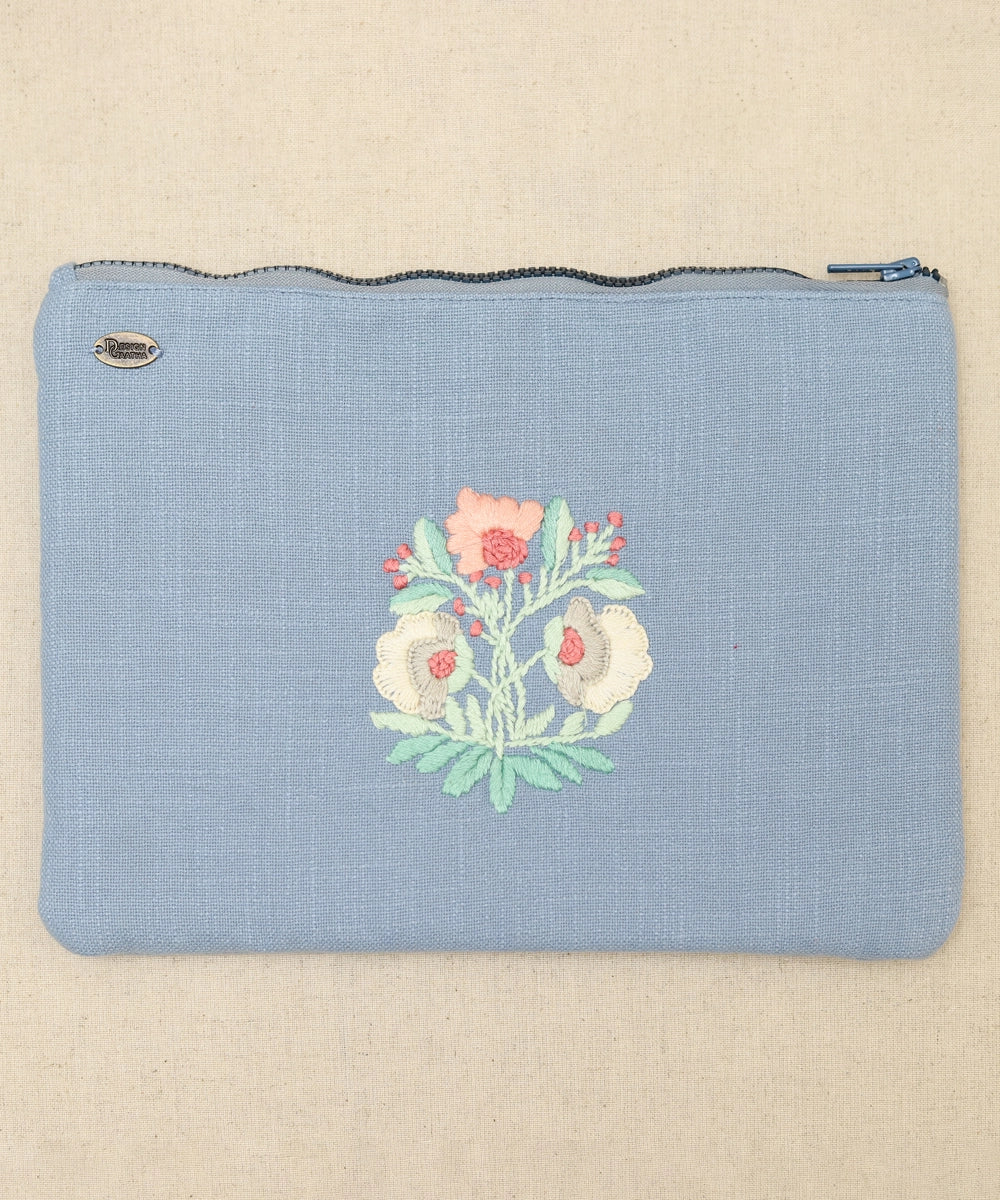 Light Blue hand embroidered  Pure Cotton Slub Utility Pouch with Lining & Zip