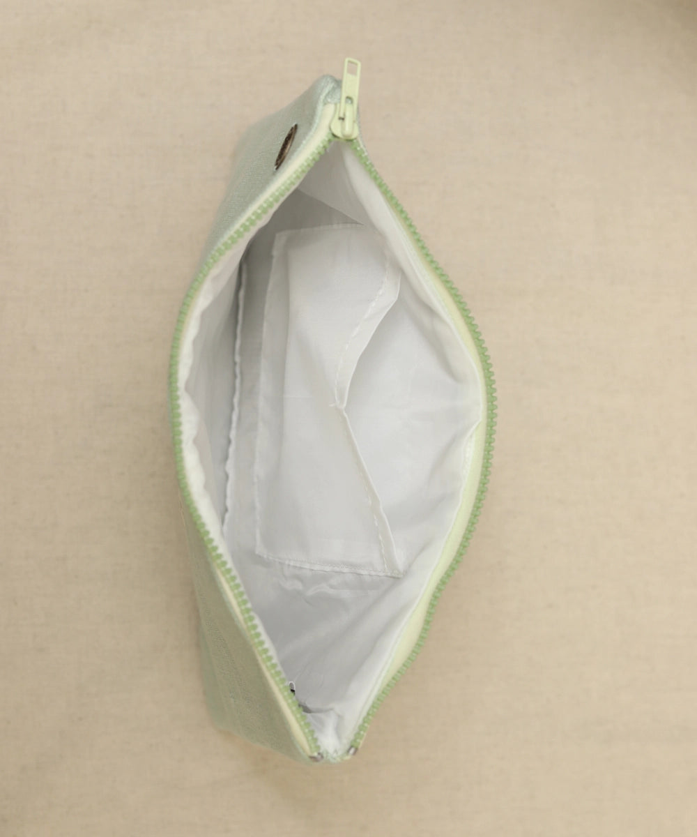 Mint Green hand embroidered Pure Linen Utility Pouch with Lining & Zip