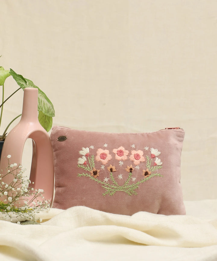 Onion Pink hand embroidered   Velvet Utility Pouch with Lining & Zip