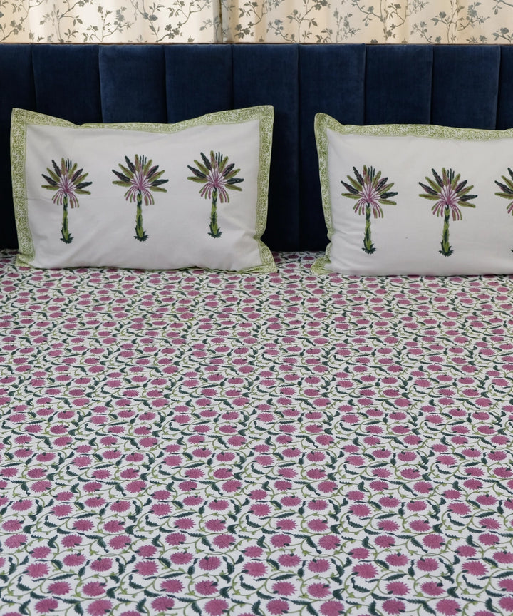 White with palm pattern Hand Block Printed Cotton Bedsheet with 2 pillow Covers (104"x104")