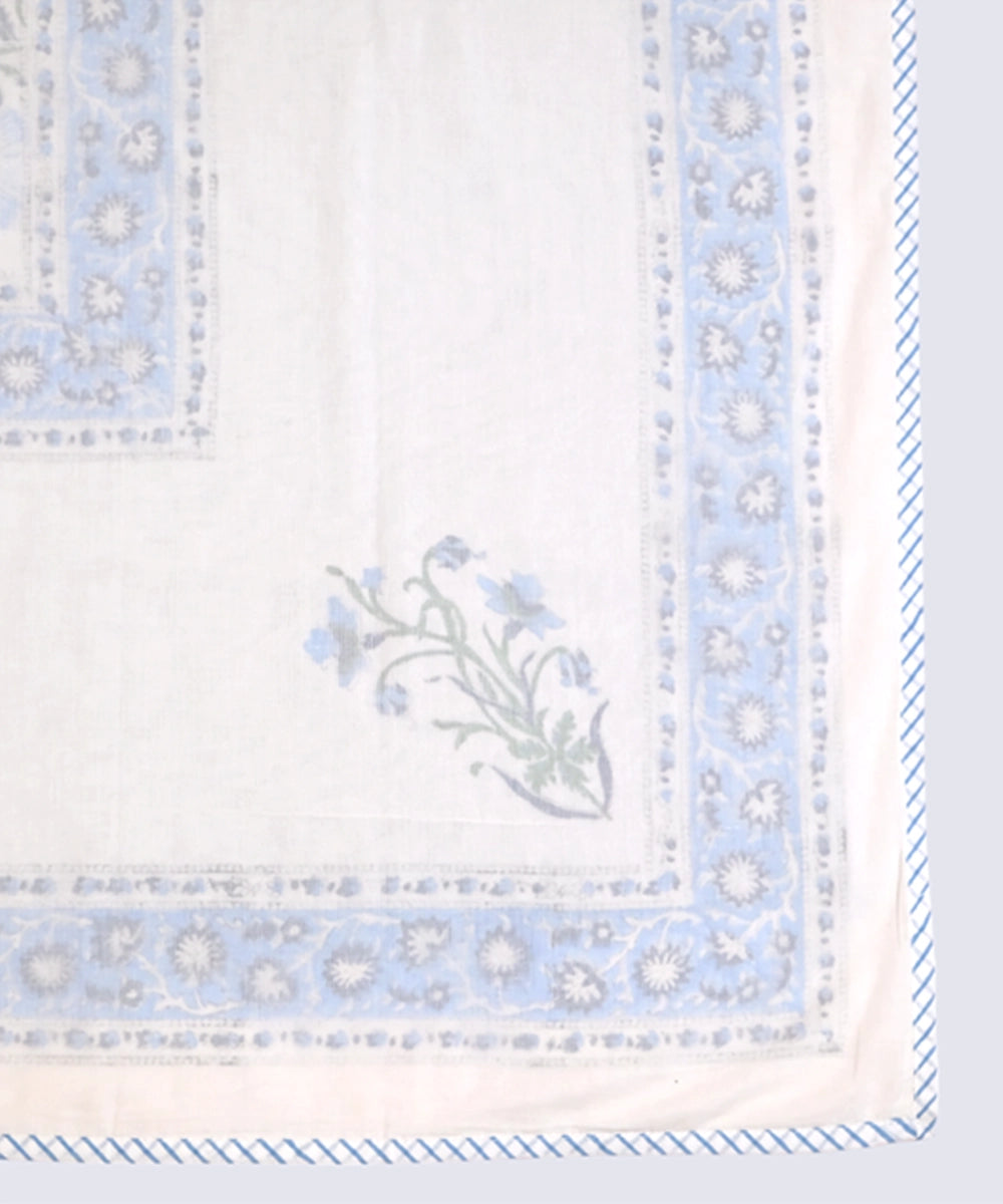 Blue Floral Hand Block Printed Mulmul Cotton Three Layered Single Dohar