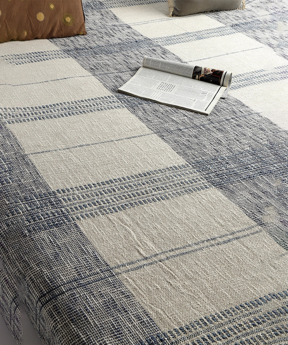 Cream & Blue Patterned Handwoven Cotton Slub King Bedcover (92"X104")