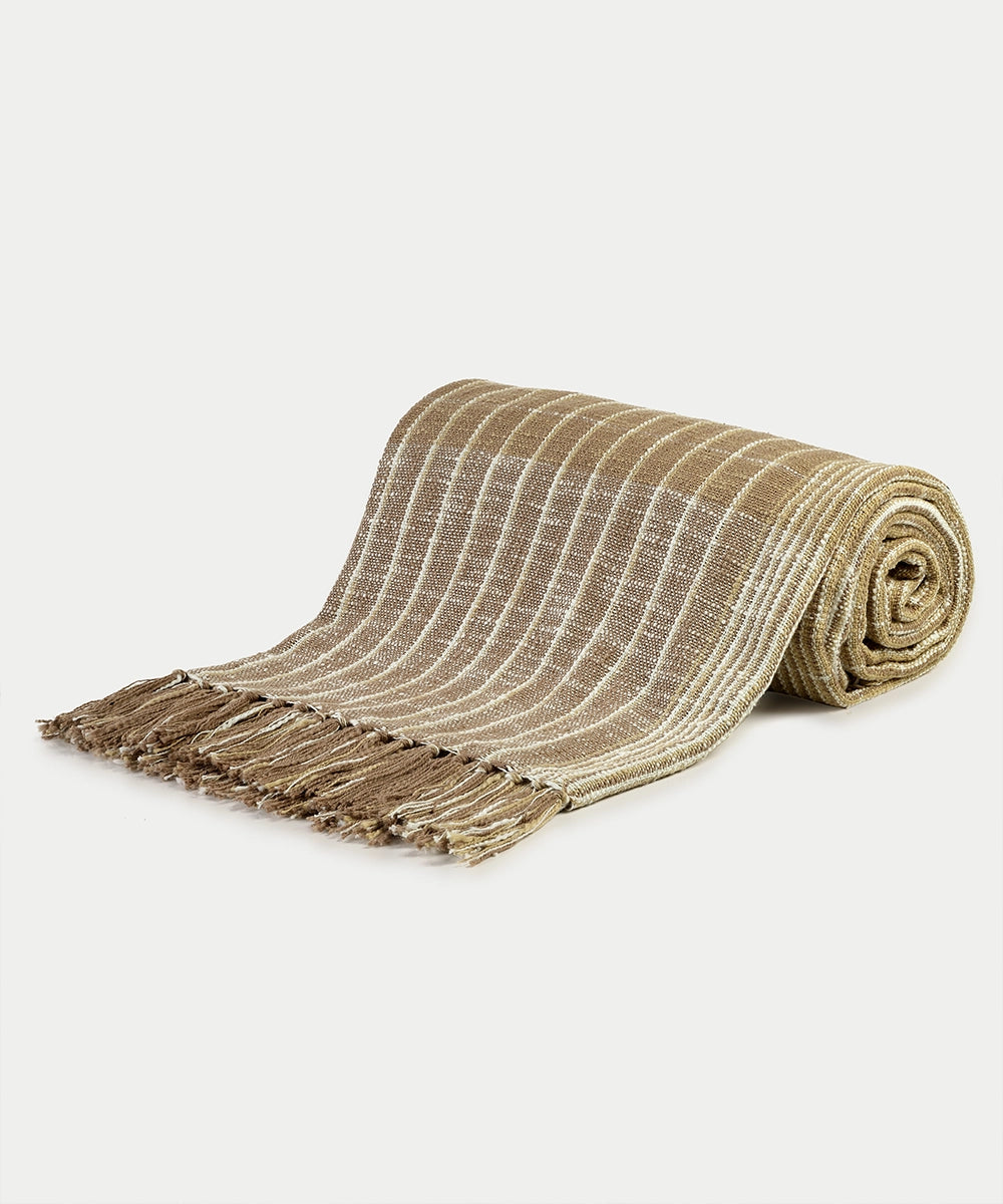 Beige & Cream Stripes & Checks Handwoven Cotton Slub King Bedcover (92"x104")