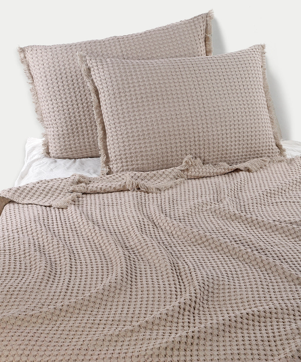 Solid Beige Waffle Bedcover with 2 Pillow Covers