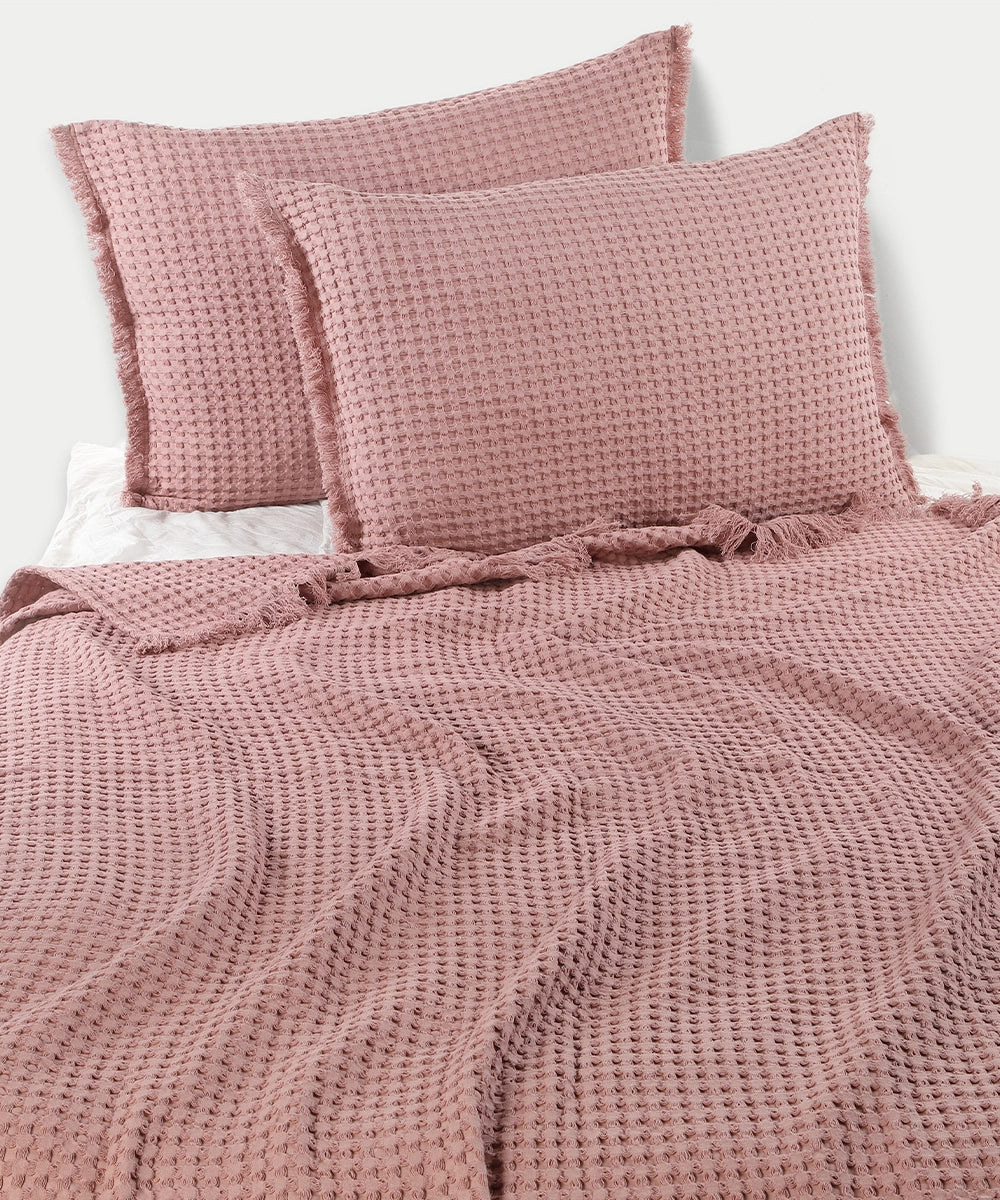 Solid Petal Pink Waffle Bedcover with 2 Pillow Cover