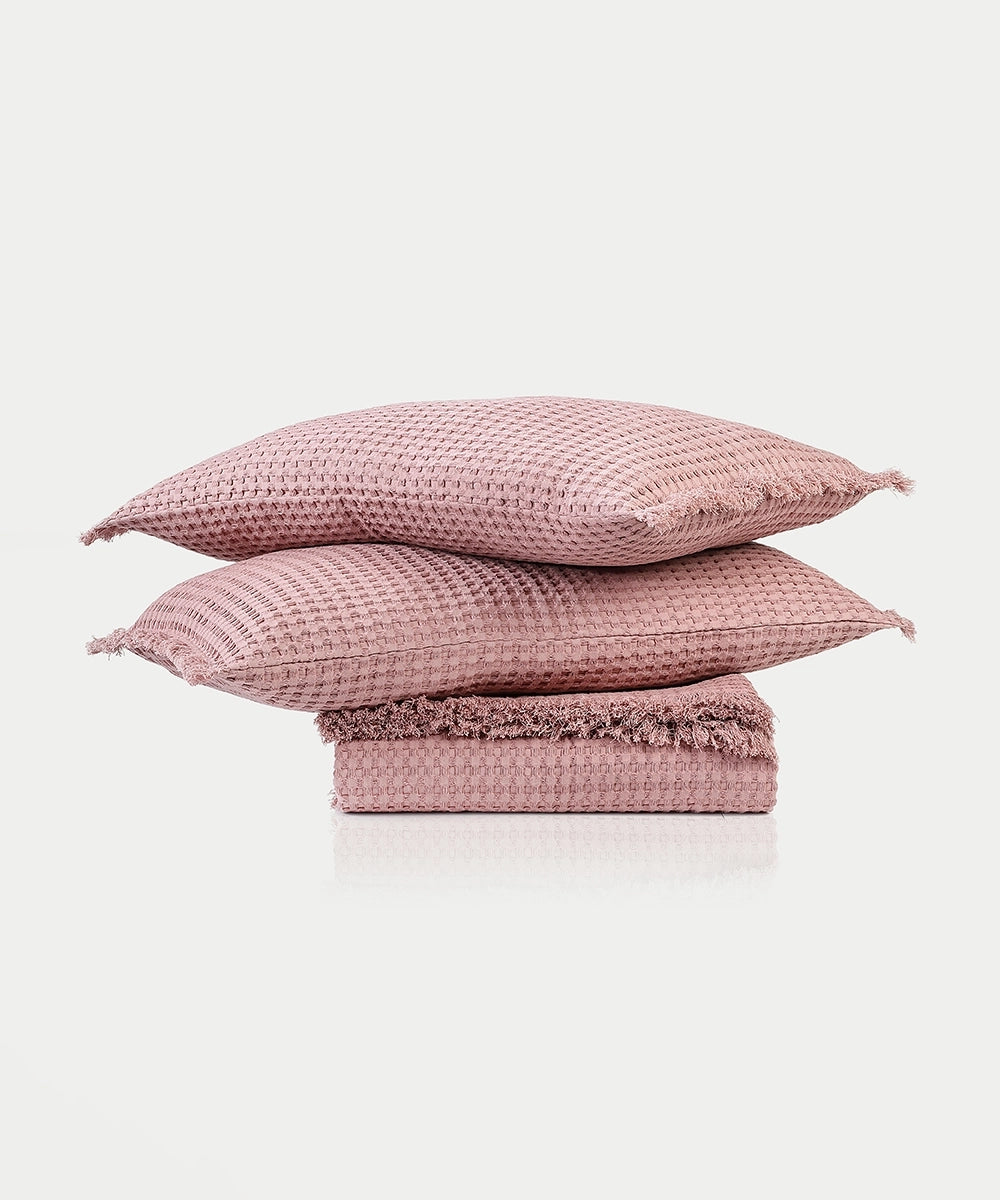 Solid Petal Pink Waffle Bedcover with 2 Pillow Cover