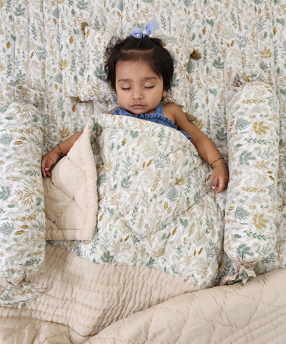 Mint Green Cotton Printed Baby Bedding with Quilt (Set of 1 Bedding, 1 Quilt, 1 Pillow & 2 Bolsters)