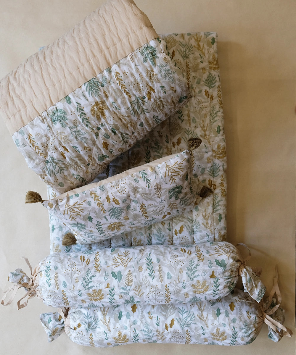 Mint Green Cotton Printed Baby Bedding with Quilt (Set of 1 Bedding, 1 Quilt, 1 Pillow & 2 Bolsters)