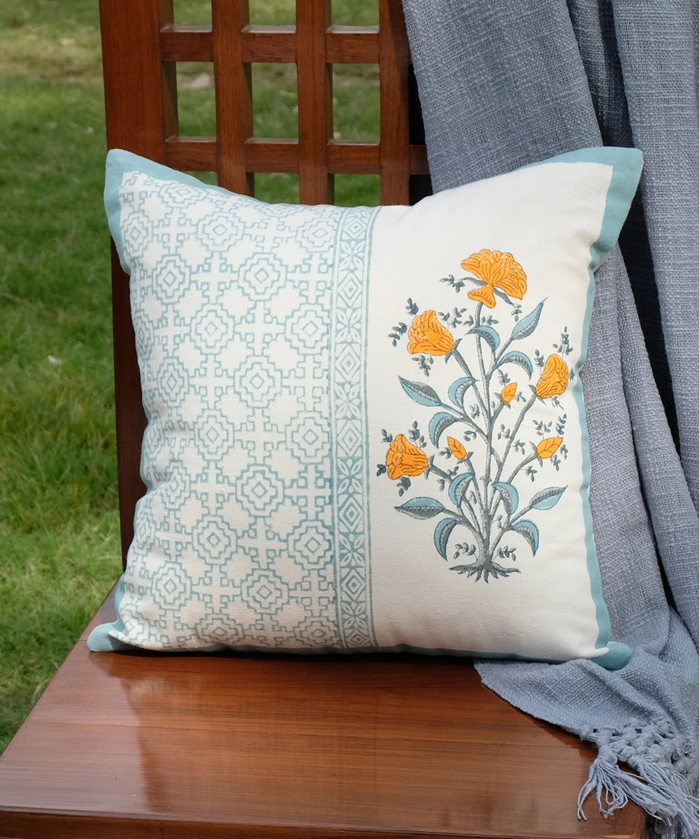 Cream & Blue Floral Hand Block Printed Cotton Cushion Cover (16" x 16")