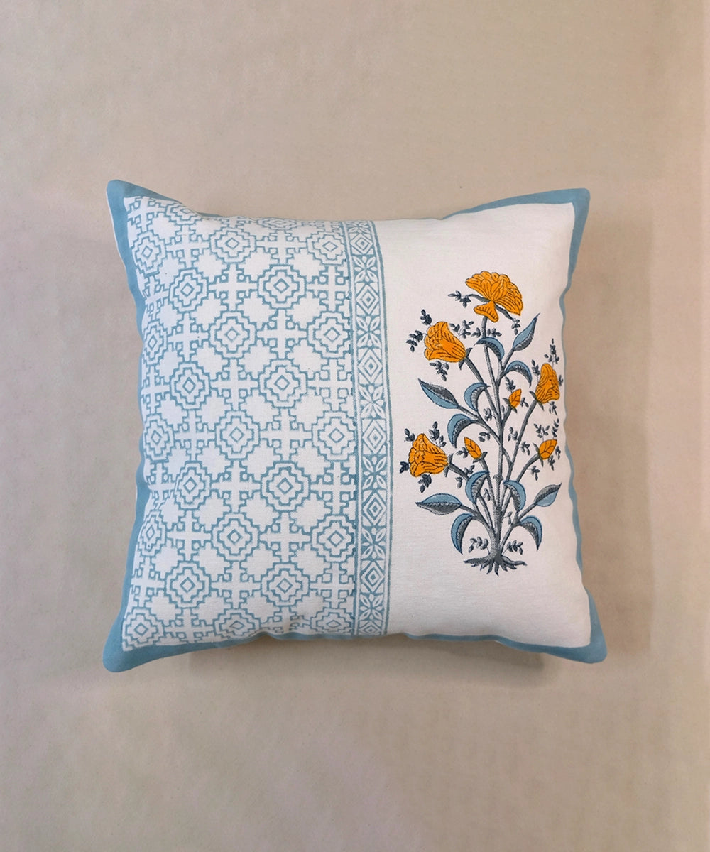 Cream & Blue Floral Hand Block Printed Cotton Cushion Cover (16" x 16")