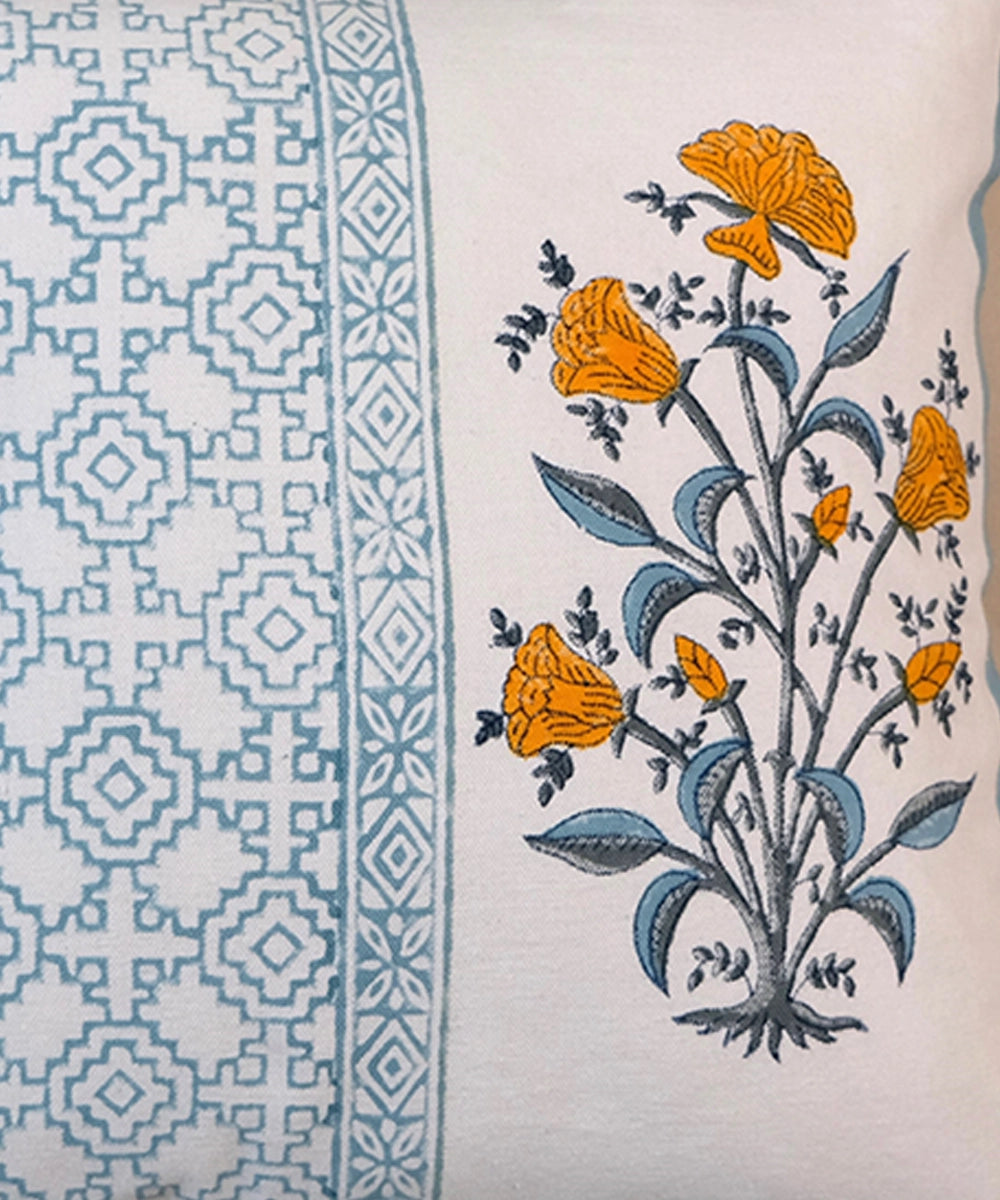 Cream & Blue Floral Hand Block Printed Cotton Cushion Cover (16" x 16")