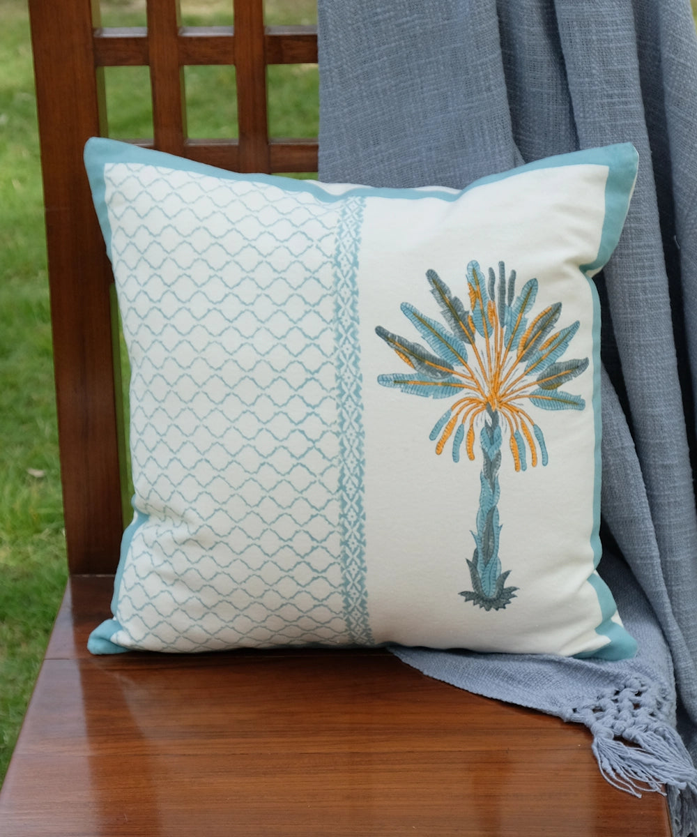 Cream & Blue Palm Hand Block Printed Cotton Cushion Cover (16" x 16")