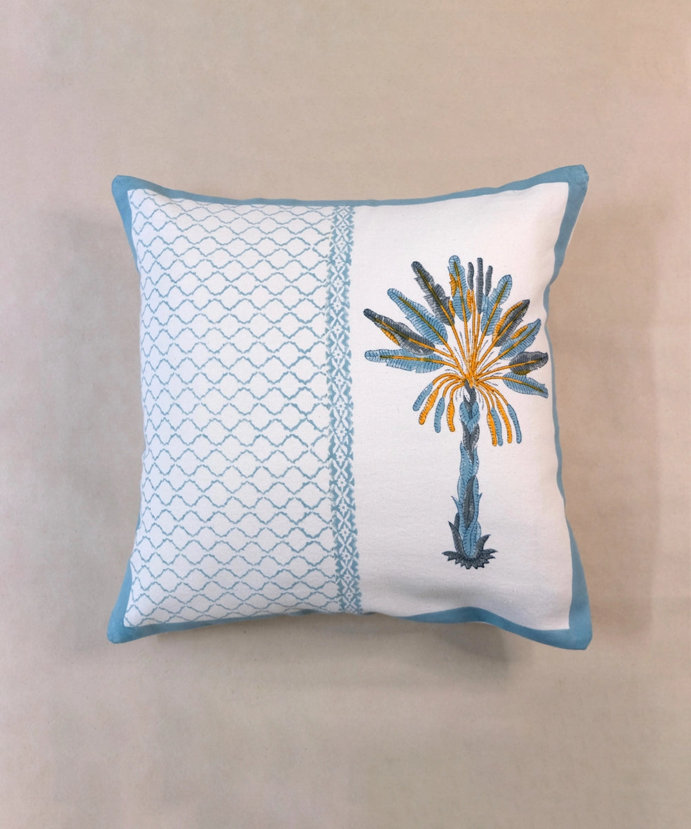 Cream & Blue Palm Hand Block Printed Cotton Cushion Cover (16" x 16")