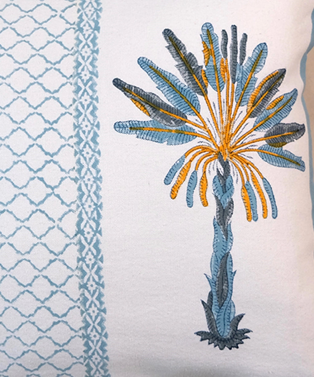 Cream & Blue Palm Hand Block Printed Cotton Cushion Cover (16" x 16")