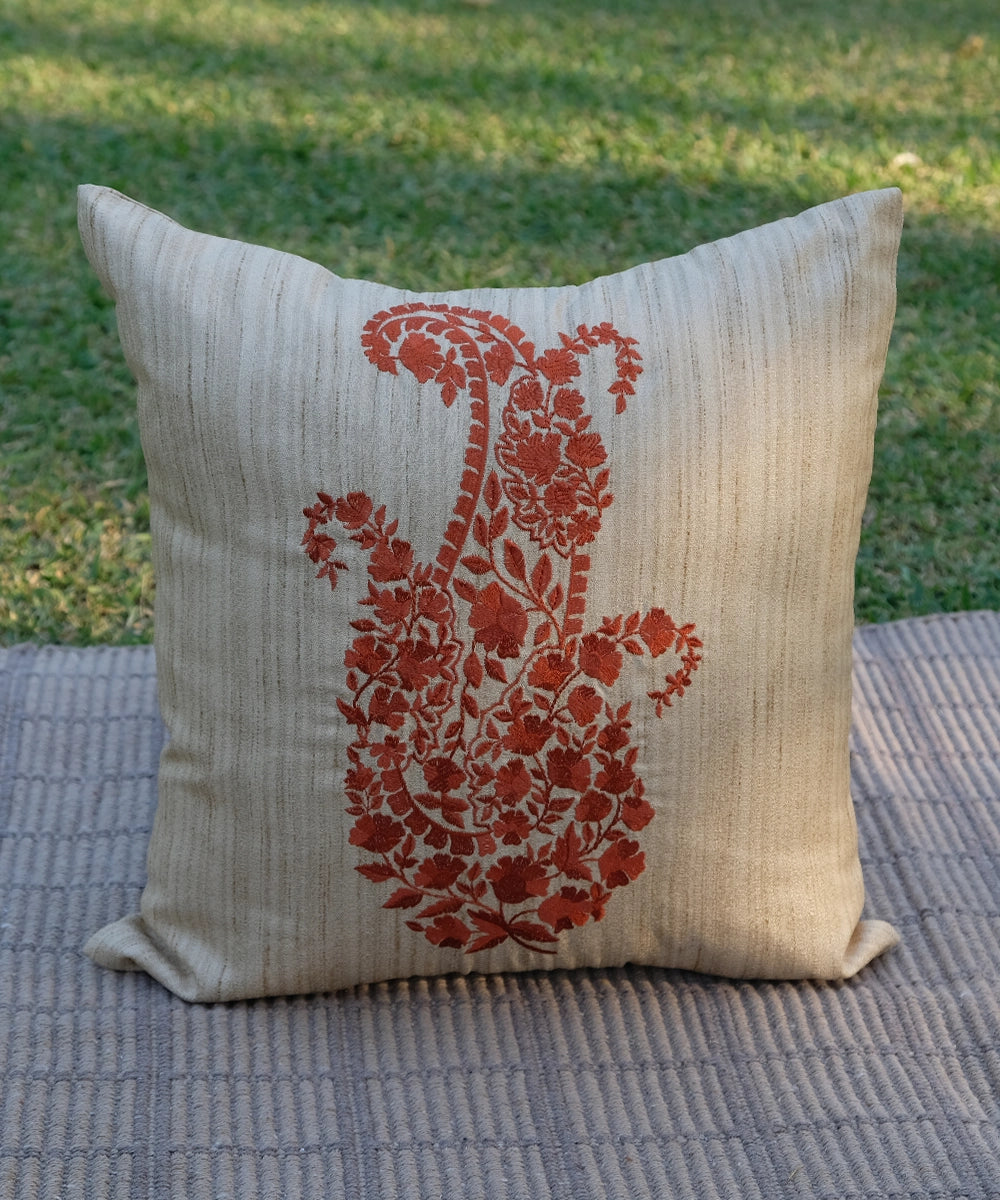 Beige with Rust Paisley Embroidered Cushion Cover