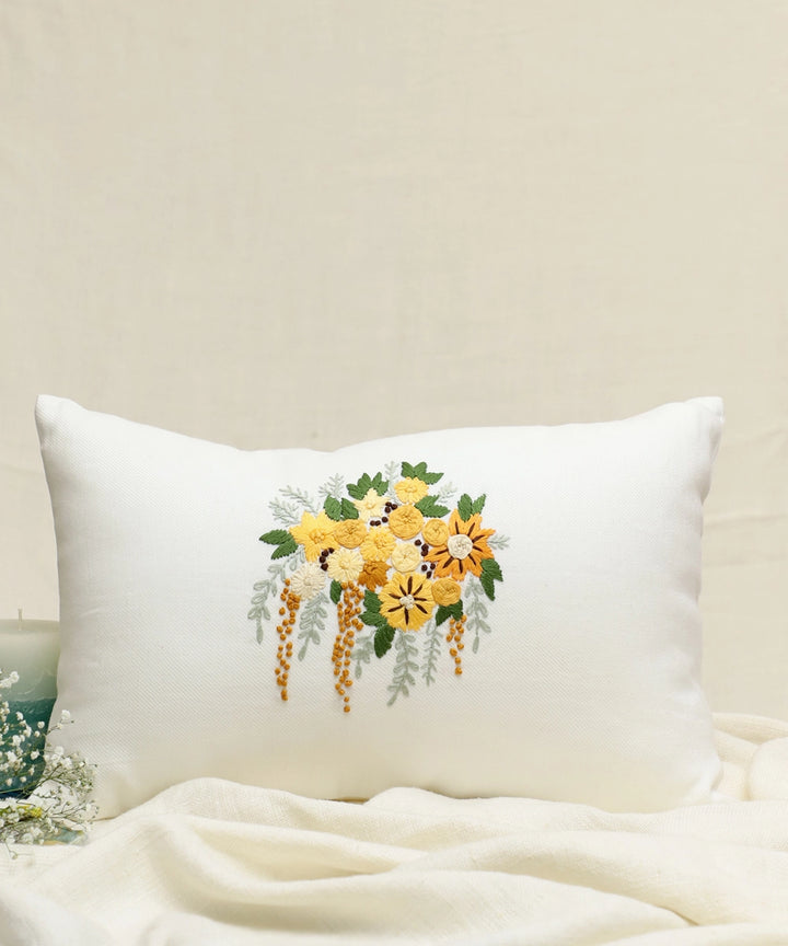 Off White Hand Embroidered Cotton Twill Rectangular Cushion Cover | 12" x 18" | Zipper Closure