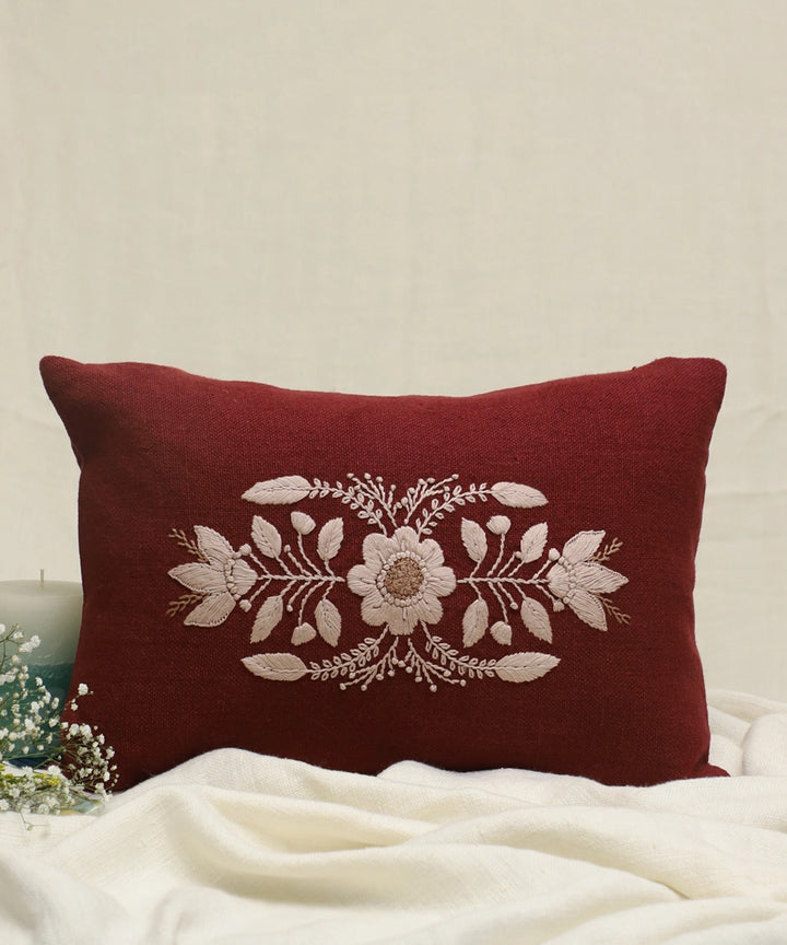 Plum Wine Brown Hand Embroidered Pure Linen Rectangular Cushion Cover | 12" x 18" | Zipper Closure