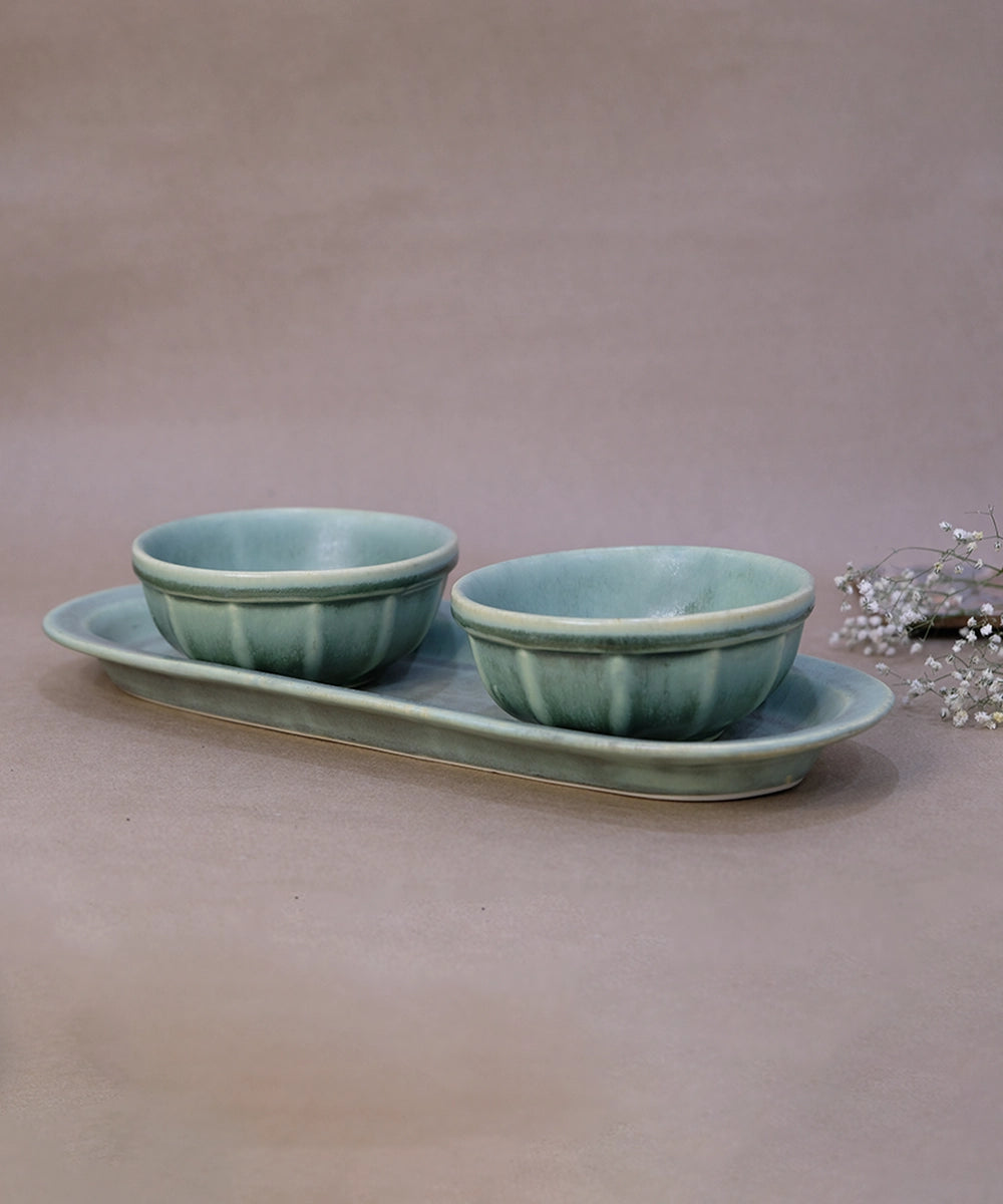 Dusty Jade Green Oval Platter with 2 Snack bowl (Set of 3)