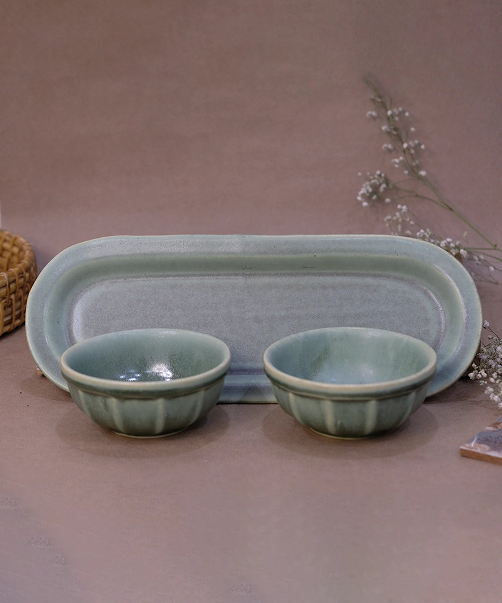 Dusty Jade Green Oval Platter with 2 Snack bowl (Set of 3)