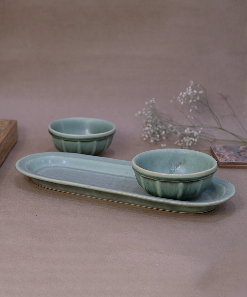 Dusty Jade Green Oval Platter with 2 Snack bowl (Set of 3)