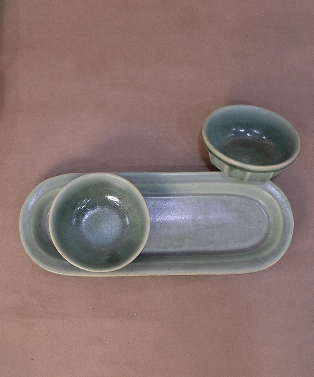 Dusty Jade Green Oval Platter with 2 Snack bowl (Set of 3)