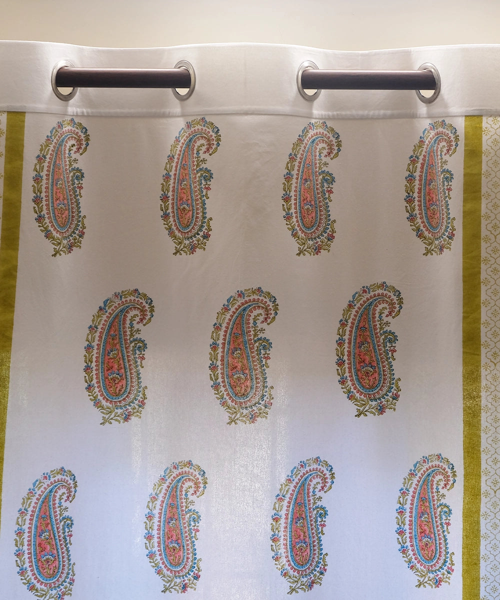 Off White & Olive Paisley Block Printed Cotton Curtain (7 feet)