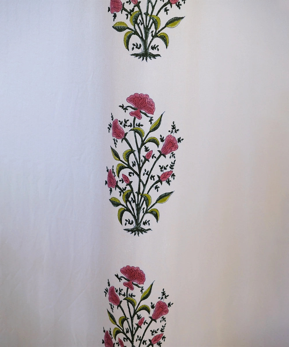 Off White, Green & Pink Floral Block Printed Cotton Curtain (7 feet)