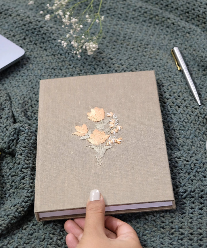 Medium Brown Floral Cotton Silk Hand Embroidered Diary with Handmade Paper