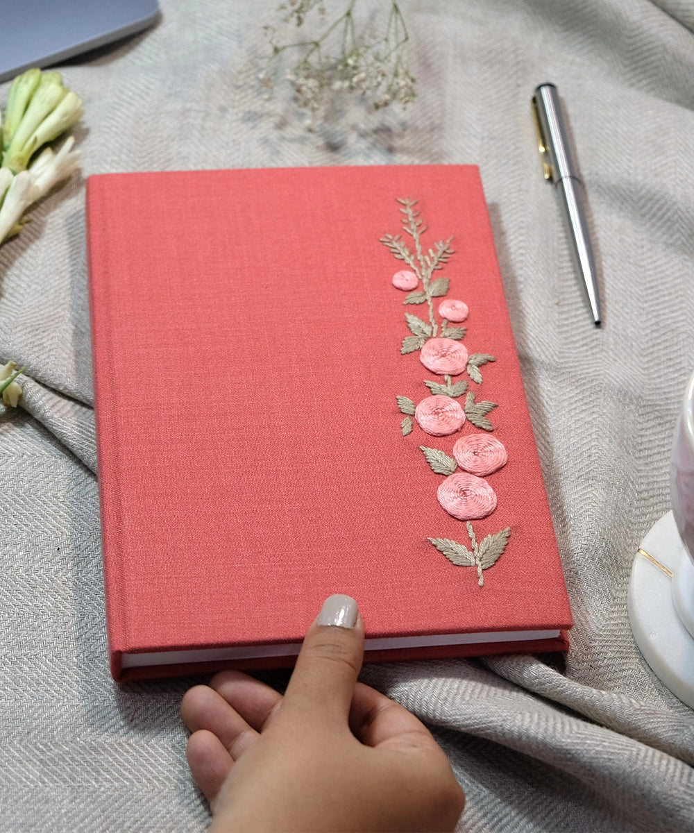 Deep Coral Floral Matka Cotton Hand Embroidered Diary with Handmade Paper