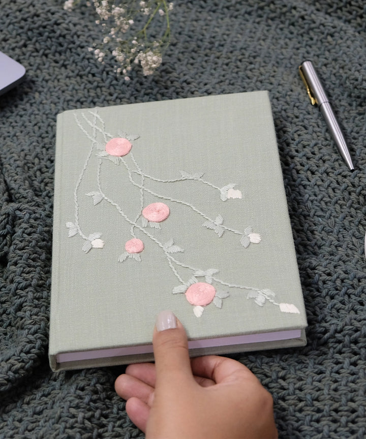 Sage Green Floral Matka Cotton Hand Embroidered Diary with Handmade Paper