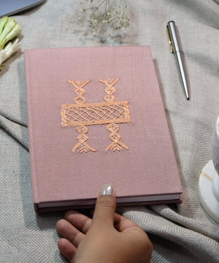 Light Dusty Brown Cotton Silk Cross Hand Embroidered Diary with Handmade Paper