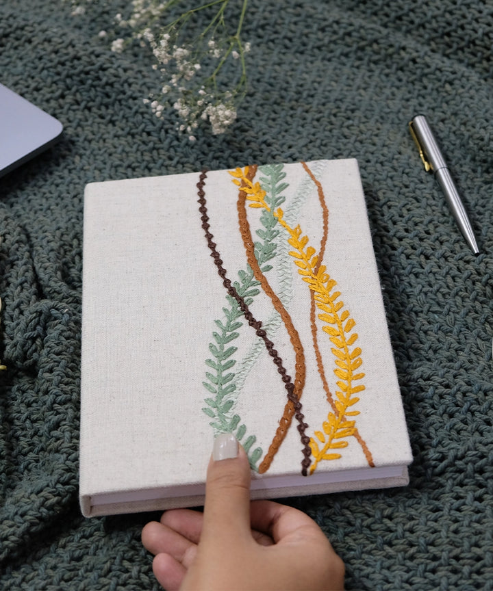 Beige Wave Hand Embroidered Cotton Linen Diary with Handmade Paper