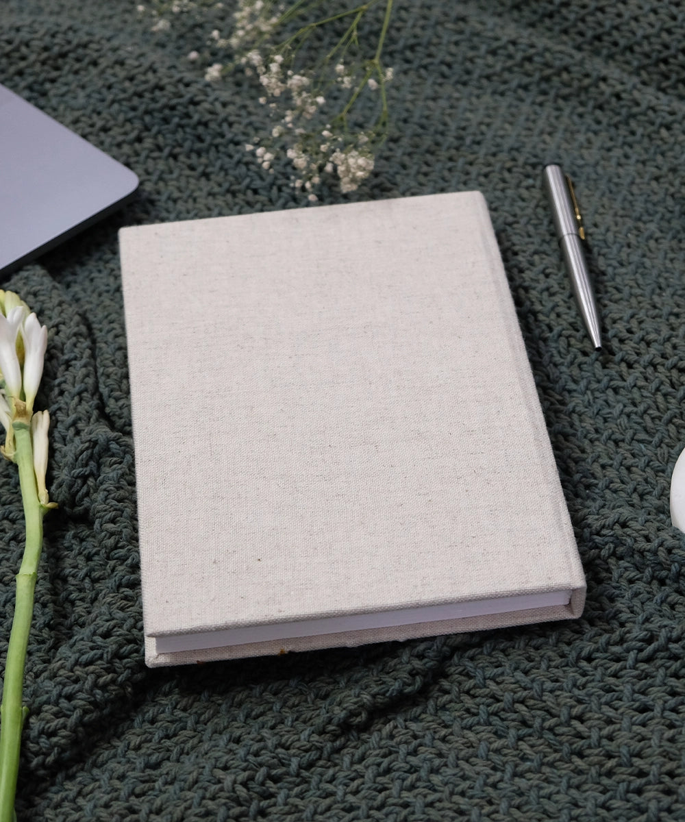 Beige Wave Hand Embroidered Cotton Linen Diary with Handmade Paper