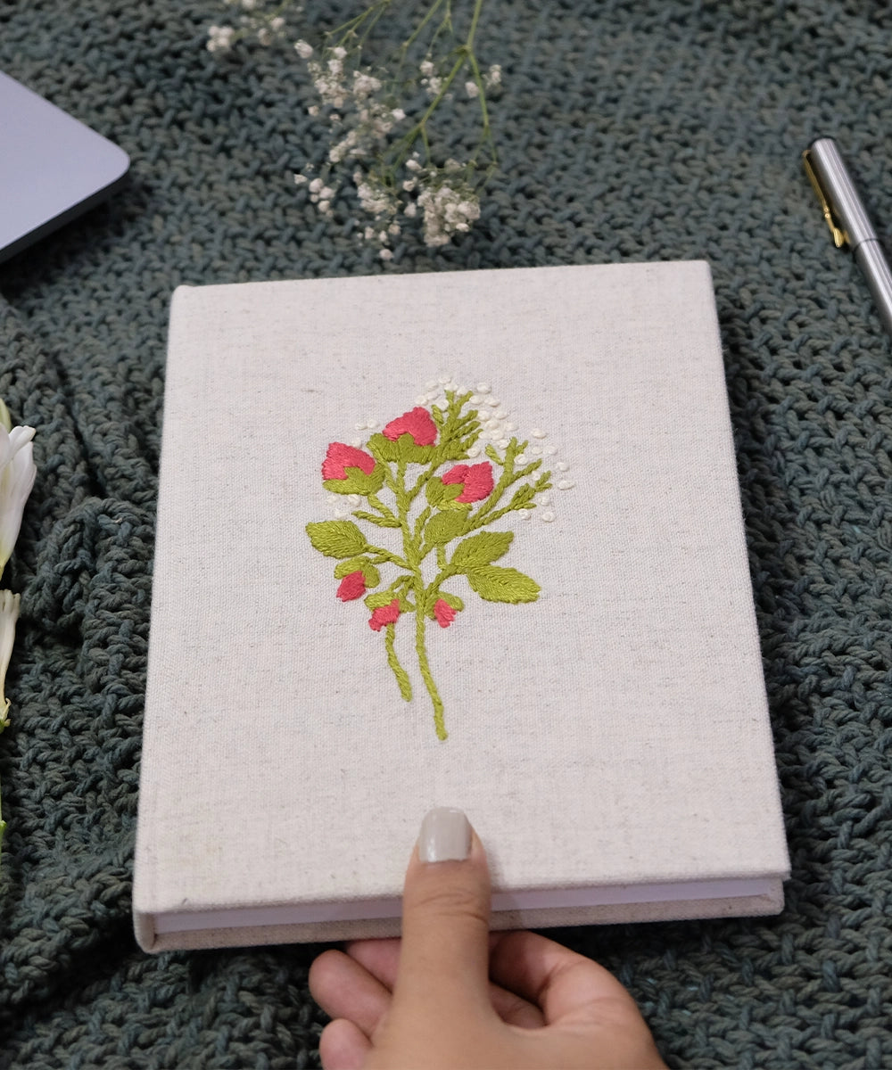 Beige Floral Cotton Linen Hand Embroidered Diary with Handmade Paper