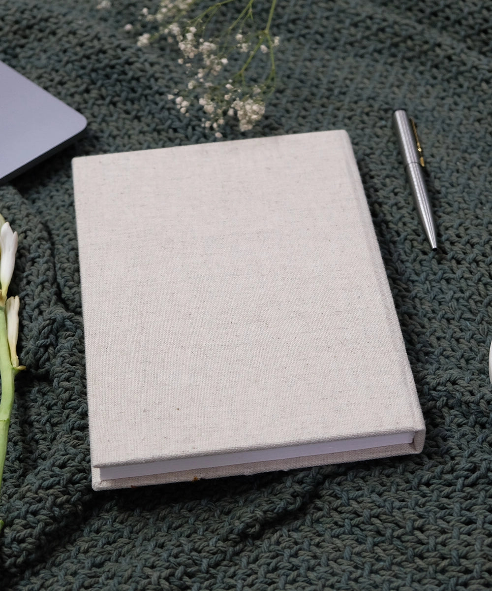 Beige Floral Cotton Linen Hand Embroidered Diary with Handmade Paper