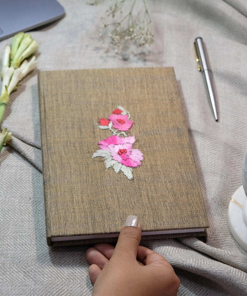 Brown Floral Handloom Cotton Hand Embroidered Diary with Handmade Paper