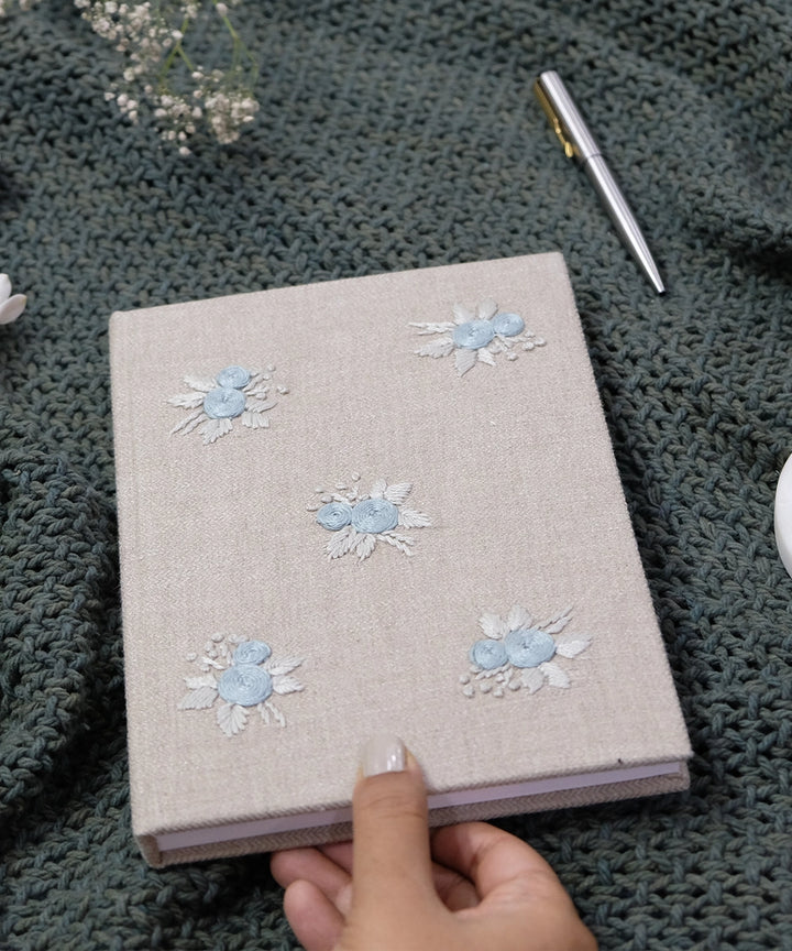 Beige Floral Pure Linen Hand Embroidered Diary with Handmade Paper