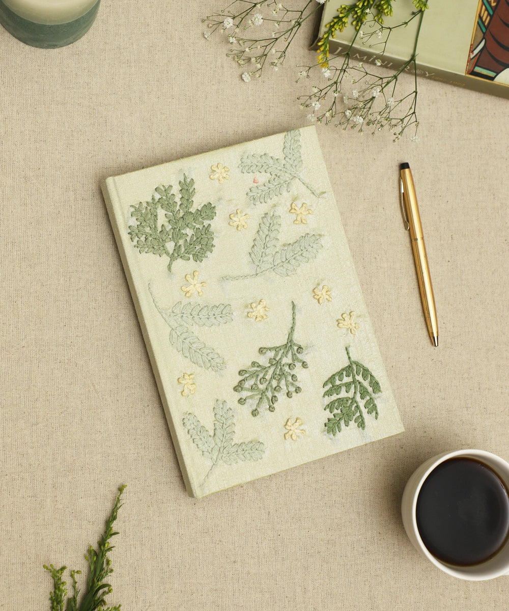 Fennel Green Dupion Leaf Hand Embroidered Diary