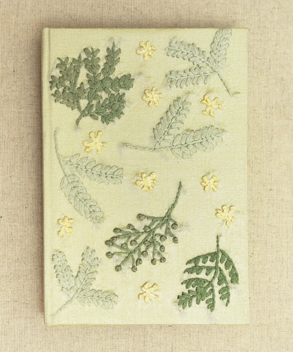 Fennel Green Dupion Leaf Hand Embroidered Diary