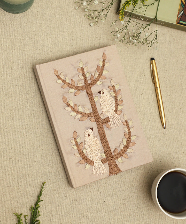 Beige Viscose Bird Hand Embroidered Diary