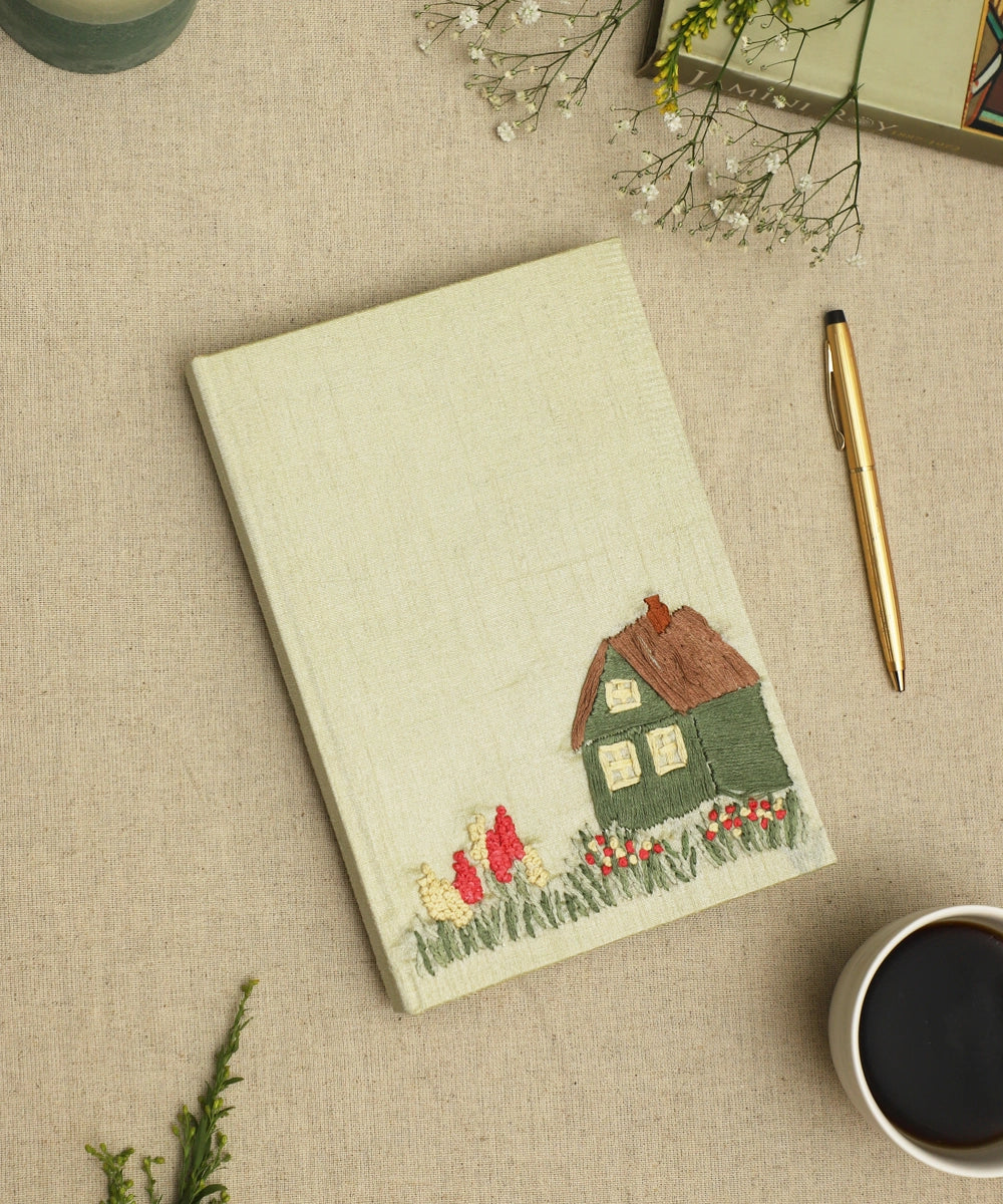 Fennel Green Dupion Hut Hand Embroidered Diary