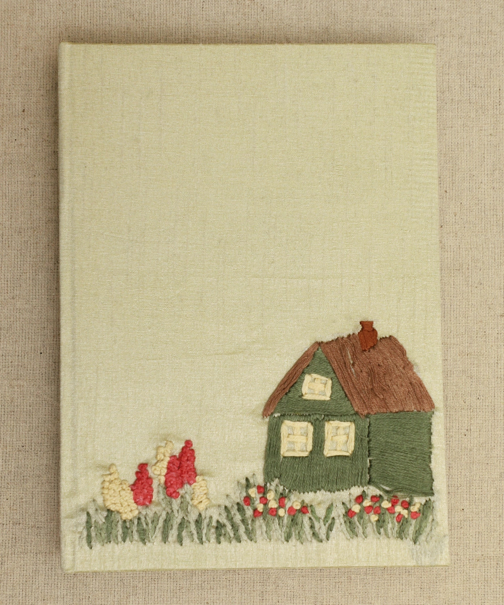 Fennel Green Dupion Hut Hand Embroidered Diary